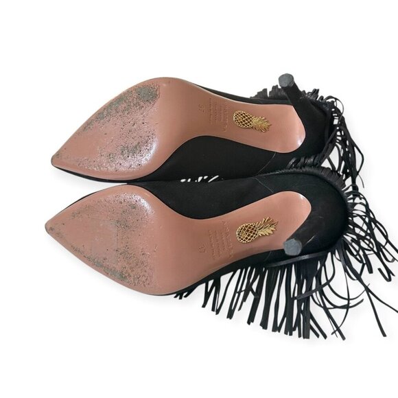 AQUAZZURA Mustang 105 Fringe Heeled‎ Ankle Boots In Black Suede, Size 37 EU - Picture 9 of 12